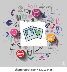 Images and collage with web icons background. Vector illustration