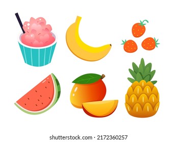 Images of colourful vivid fruit for summer menu designs. Bright illustrations for invitations, poster, cards. Isolated vector icons