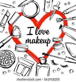 Images of cosmetics on a background of red hearts for postcards and flyers.