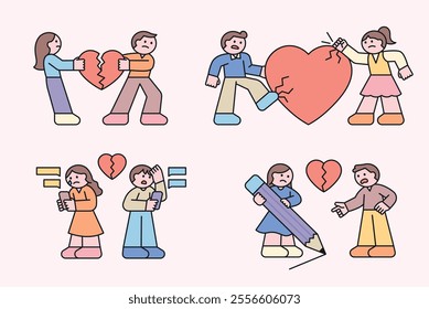 Images of couples fighting and breaking up. Broken hearts, cell phone breakups, boundaries between each other. Illustration of small and cute character people.