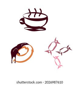 Images of a cup with a drink, a donut with chocolate and colorful sweets on a white background in a minimalist style. Decorative element for packaging, menus, patterns. Stock vector illustration.