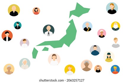 Images of customers spread across Japan, Japanese map and people icons
