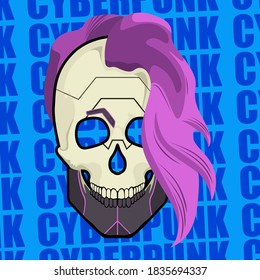 Images of a cyberpunk skull with a hairstyle and metal parts. Images for various purposes, games, websites, and more. Vector illustration.