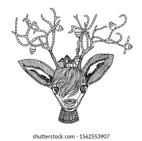 Images of a deer with horns, city, coloring book for children and adults.
