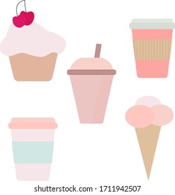 Images of desserts, coffe cups and lemonade glass in pastel colors
