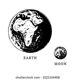 Images of Earth planet and Moon satellite in size comparison on white background. Hand drawn vector illustration.