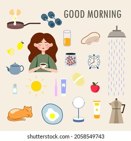 Images of the elements of the morning routine. Face cream, toothbrush, coffee, shower, breakfast, scrambled eggs, mirror, light. Morning rituals and lifestyle concept