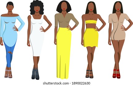 Images of five black women in different clothes with different hairstyles. Designer clothing. Vector illustration.