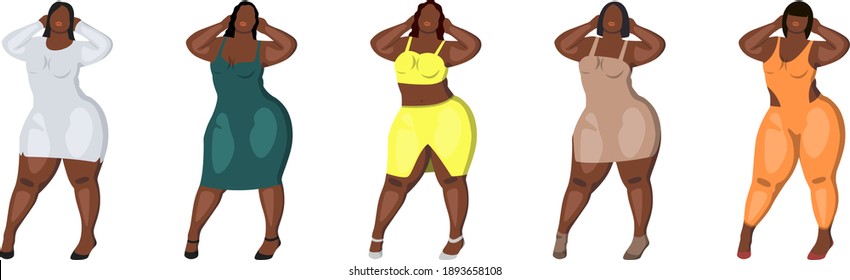 Images of five black women in different clothes with different hairstyles. Designer clothes for body positive. Vector illustration.