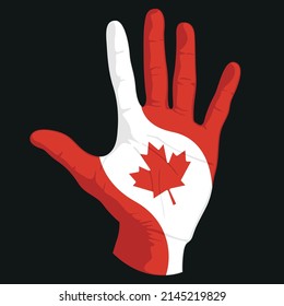 Images of the flag of Canada on a human hand. Vector illustration.