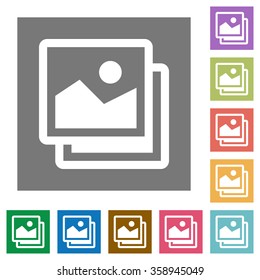 Images flat icon set on color square background.