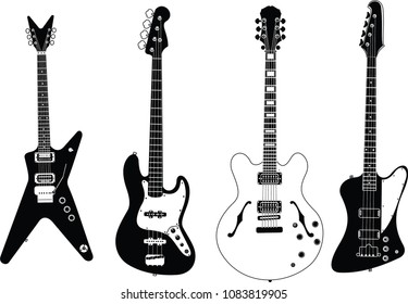 Images of four black and white electric guitars