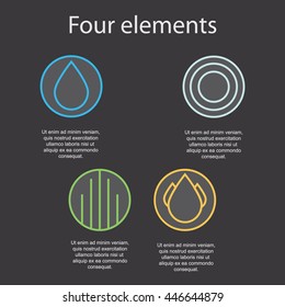 Images of the four elements on a dark background: fire, water, air, earth. Vector illustration.