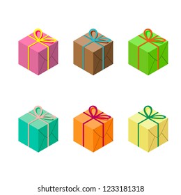 Images of gift boxes of different colors for festive vector illustration.