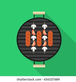 Images of the grill on which fried sausages, mushrooms and tomatoes. View from above. Flat design