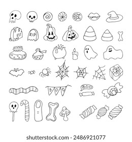 images for Halloween Set of black and white. Pumpkin, Skull, Ghost, Gravestone, Spider, Candy, Broom, Hat, Eye, Potion, Bone, and more. Happy holiday. All objects are separated. Vector illustration.