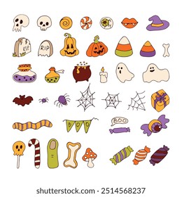 images for Halloween Set of black and white. Pumpkin, Skull, Ghost, Gravestone, Spider, Candy, Broom, Hat, Eye, Potion, Bone, and more. Happy holiday. All objects are separated. Vector illustration.