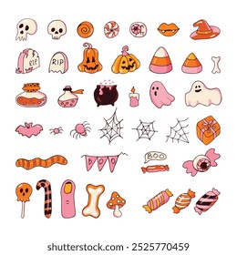 images for Halloween Set of black and white. Pumpkin, Skull, Ghost, Gravestone, Spider, Candy, Broom, Hat, Eye, Potion, Bone, and more. Happy holiday. All objects are separated. Vector illustration.