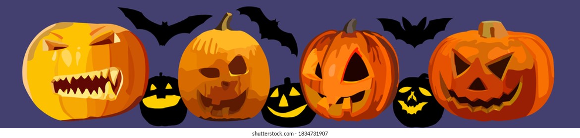 Imágenes para Halloween con calabazas tridimensionales y sus siluetas y murciélagos . Ilustración vectorial.