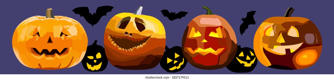 Images for Halloween with three-dimensional pumpkins and their silhouettes and bats . Vector illustration.