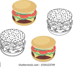 Images of a hamburger in color and lines. Bun, tomatoes, cheese.