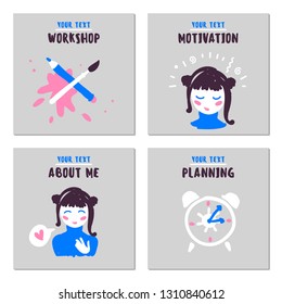 Images of a Japanese girl, alarm clock, brush and colors for a blog on social networks with the promotion of motivation and planning
