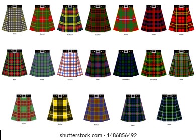 Images of kilts or skirts from different clan tartans. Simplified version of tartan