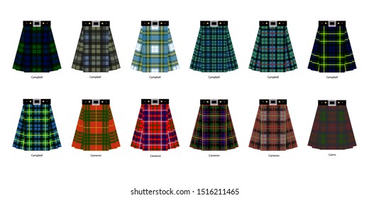 Images of kilts or skirts from different clan tartans. Simplified version of tartan