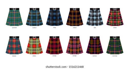 Images of kilts or skirts from different clan tartans. Simplified version of tartan