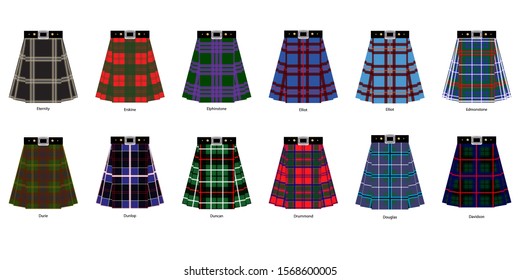 Images of kilts or skirts from different clan tartans. Simplified version of tartan