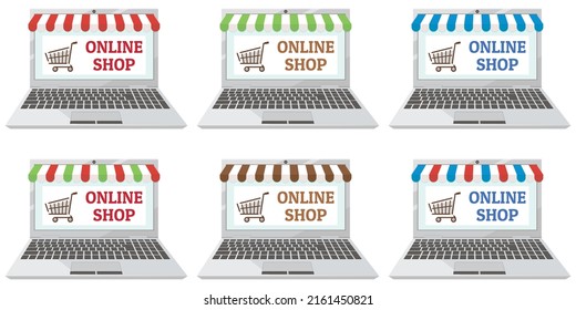 Imágenes de laptops y tiendas en línea. Ilustración vectorial.
