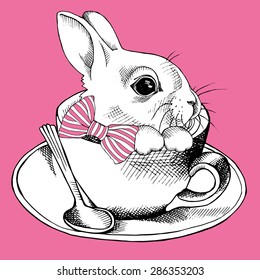 Images of a little rabbit with tie in cup on pink background. Vector illustration.