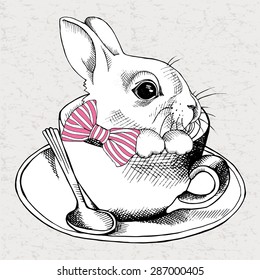 Images of a little rabbit with tie in cup. Vector illustration.