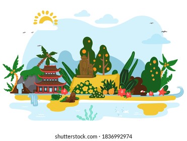 Images of a natural landscape with elements of oriental culture and famous stone statues. The coast of an uninhabited island with a lot of green spaces, waterfalls, flowers and the sea, Coastline