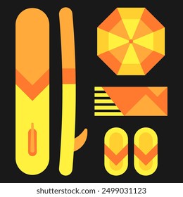 Images of objects in a geometric style. A set of elements in orange colors on a black background. Items for relaxing on the beach.