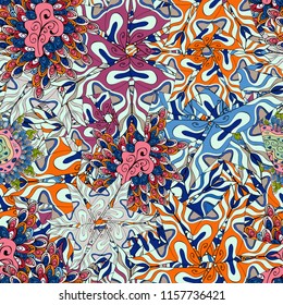 Images on a neutral, blue, black and orange colors Vector illustration. Elegant decorative ornament for fashion print, scrapbook, wrapping paper, wallpaper.