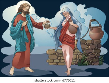 Images on religious subjects. Samaritan gives water to the Christ