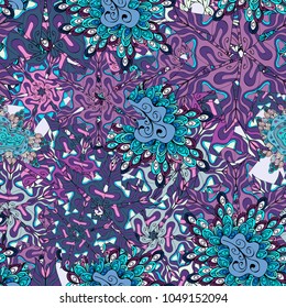 Images on a violet, blue and black colors Vector illustration. Seamless pattern Elegant decorative ornament for fashion print, scrapbook, wrapping paper, wallpaper.