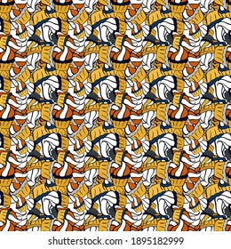 Images on a yellow, black and white colors Vector illustration. Seamless pattern Elegant decorative ornament for fashion print, scrapbook, wrapping paper, wallpaper.