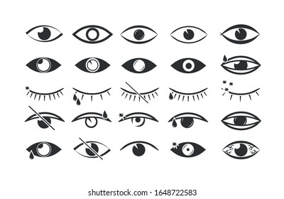 Images of open and closed eyes with eyelashes. Human vision. Set of eye icon flat style. Human organs of vision in different positions, visual system in graphic design. Vector illustration, EPS 10.