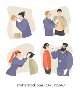 Images of otolaryngologists examining patients. Doctors at work. Set of vector illustrations in a flat style on a medical theme.