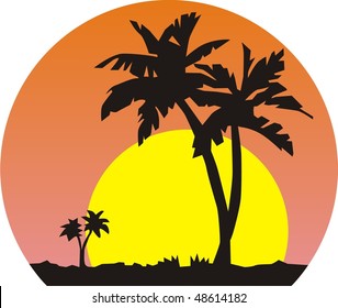 Images of palm trees against the backdrop of a large sun. Vector illustration.