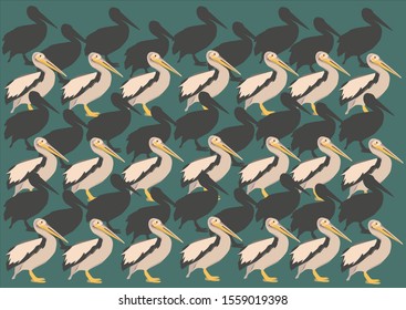 Images of patterns of pelicans and its shadows on a dark background.
