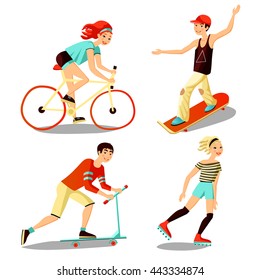Images people mini set of young riders including roller skateboarder bicyclist scooter cartoon isolated vector illustration