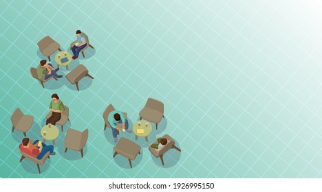 Images of people sitting and relaxing in chairs in various gestures of men and women. Spacious reception room vector picture