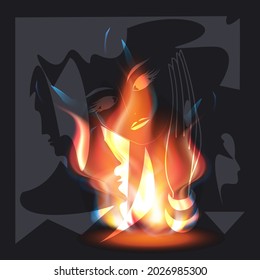 Images of persons on the background of bright flames of a bonfire - vector. Mystic. Witchcraft. Halloween party banner