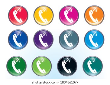 Images of phone icons, calls and communications. 12 sets of three-dimensional and colorful icons with glass texture and illustration materials.