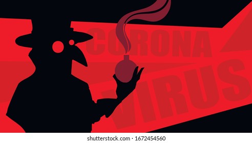 Images of a plague doctor's silhouette holding a flask of coronavirus. Vector illustration with the words coronavirus and covid-19.