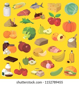 Images of products on yellow background in cartoon style.