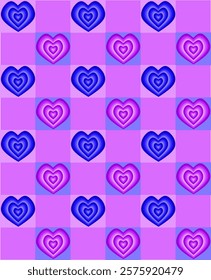 images of purple and blue hearts are “stitched” onto a seamless checkered background. Valentine's day background. Romantic repeated texture for greeting cards